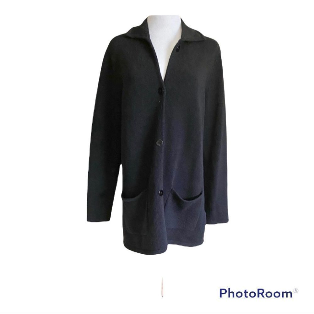 Nordstrom black 100% lamb wool buttons front  collared knit sweater cardigan S